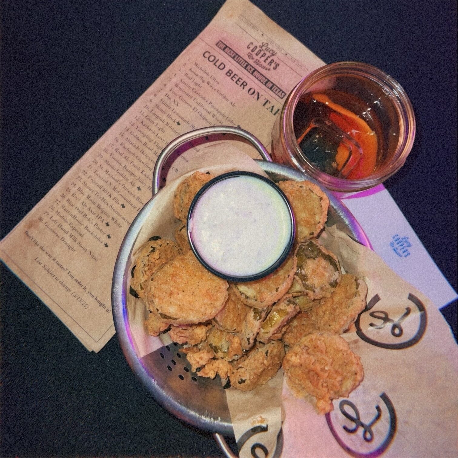 Fried Pickles and an Old Fashion at Lucy's Comedy Clubat Lucy's Comedy Club in anticipation for stand up comedy 