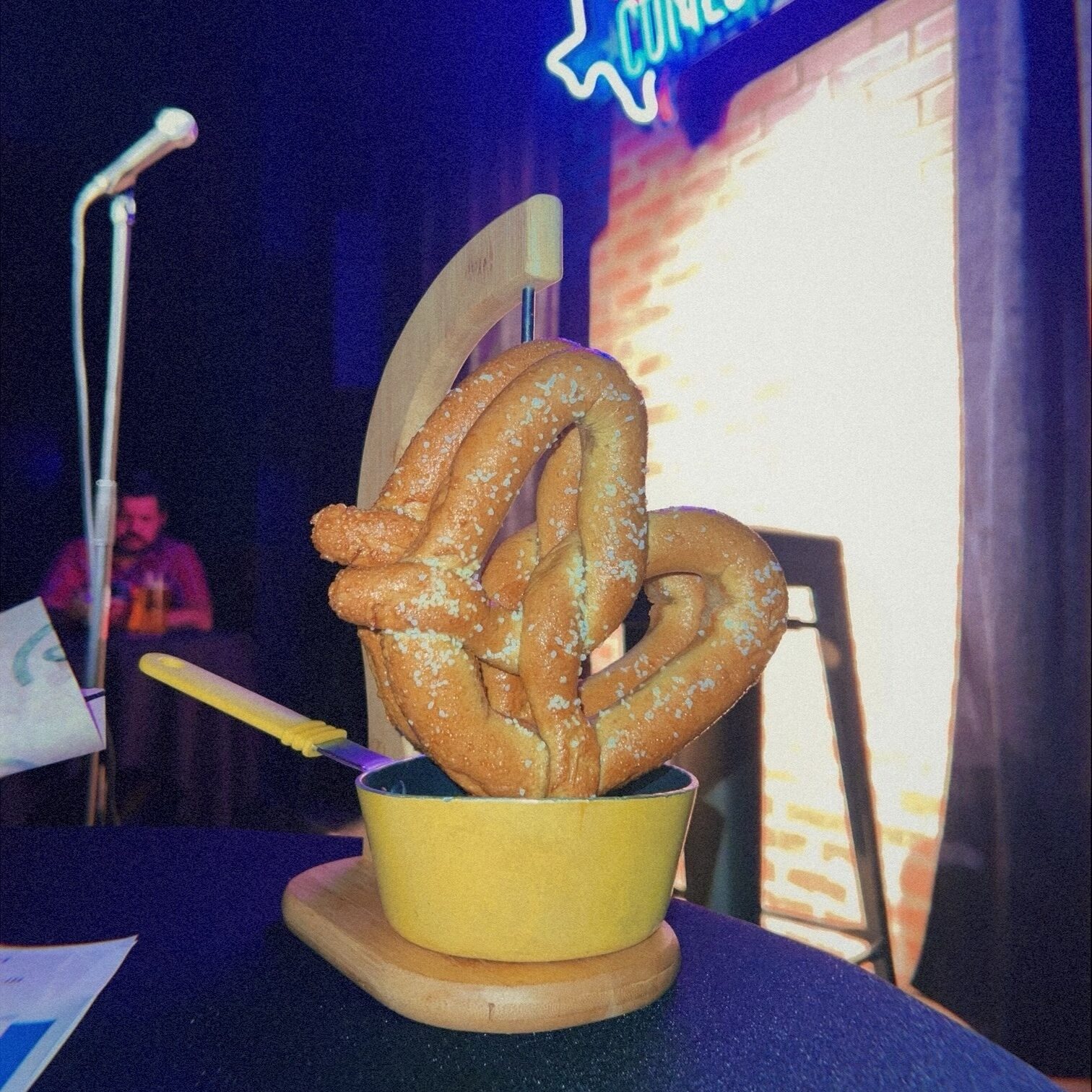 Pretzels and Queso at Lucy's Comedy Club in anticipation for stand up comedy 